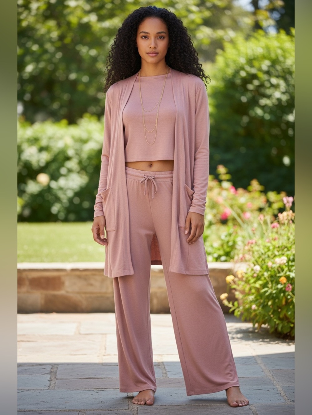 Mauve 3 Piece Lounge Set Women Cozy Cardigan Crop Top Pants Travel Outfit Comfy